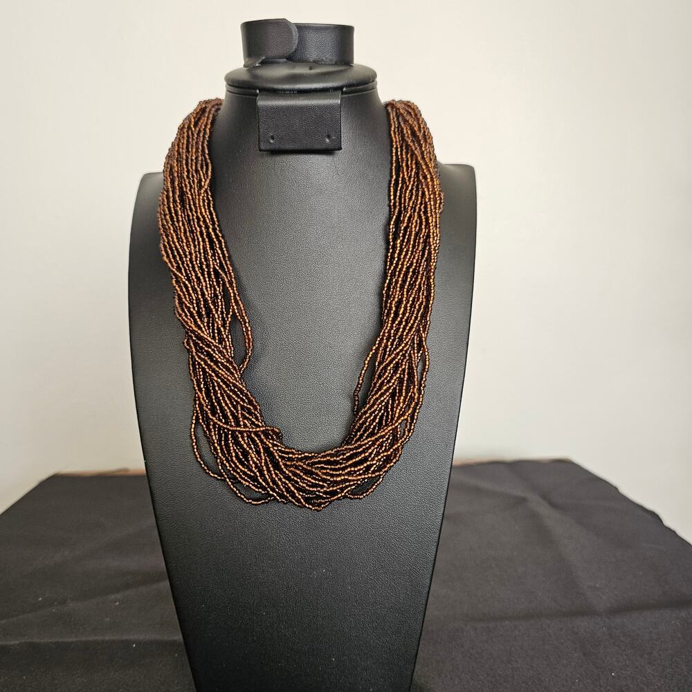 Murano Multi-Strand Brown Seed Bead Necklace | Boho Tribal Layered Statement